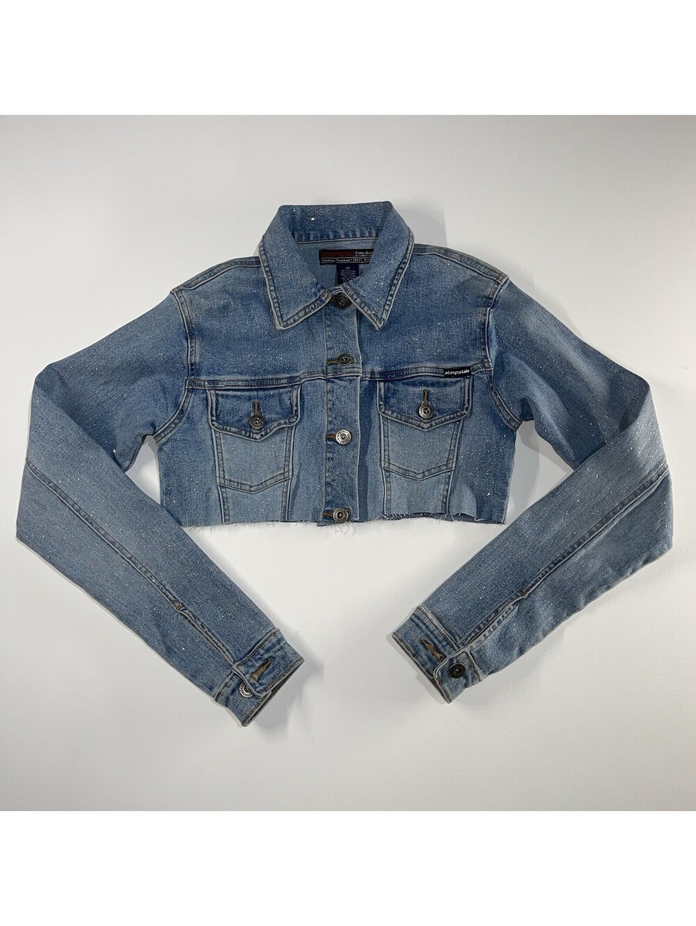 Aeropostale Cropped Jean Jacket Womens XS Distressed Denim Raw Hem Glitter